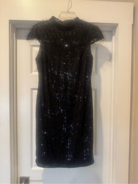 SHEIN Black Sequin Feather-Trim Mini Dress